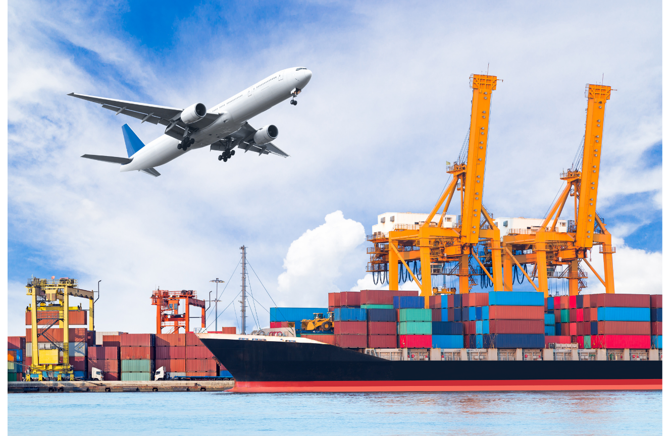 contenedores, avión de carga y dashboard de embarques internacionales
